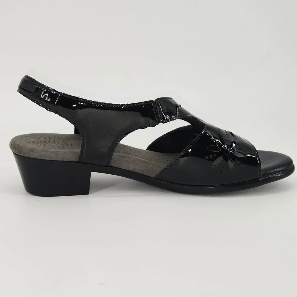 SAS Sunburst Tripad‎ Comfort Black Patent Leather Cutout Sandal Low Heel 10 W
